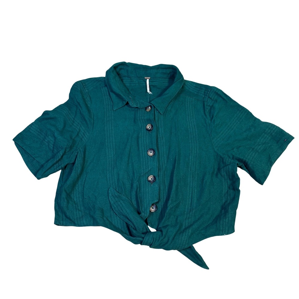 Free People Green Striped Button Up Cropped Tie Front Shirt Top Womens Large